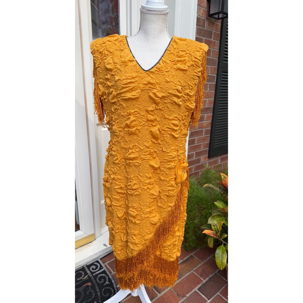 Vintage Pegah Fashions Yellow Popcorn Fringe Dress Rhinestone V-Neck Size 20